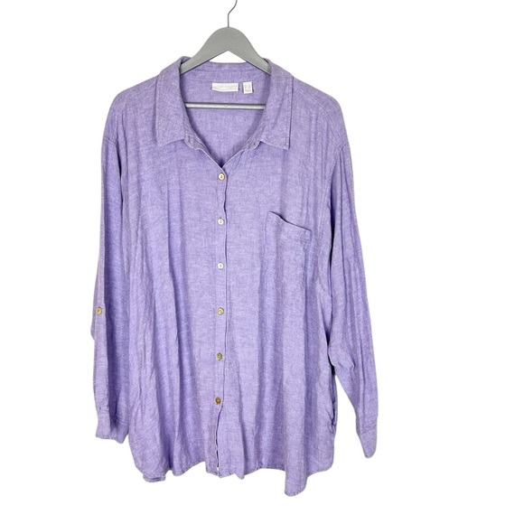Linen blend button front tunic top size 3X purple with pockets Susan Graver - Picture 1 of 9